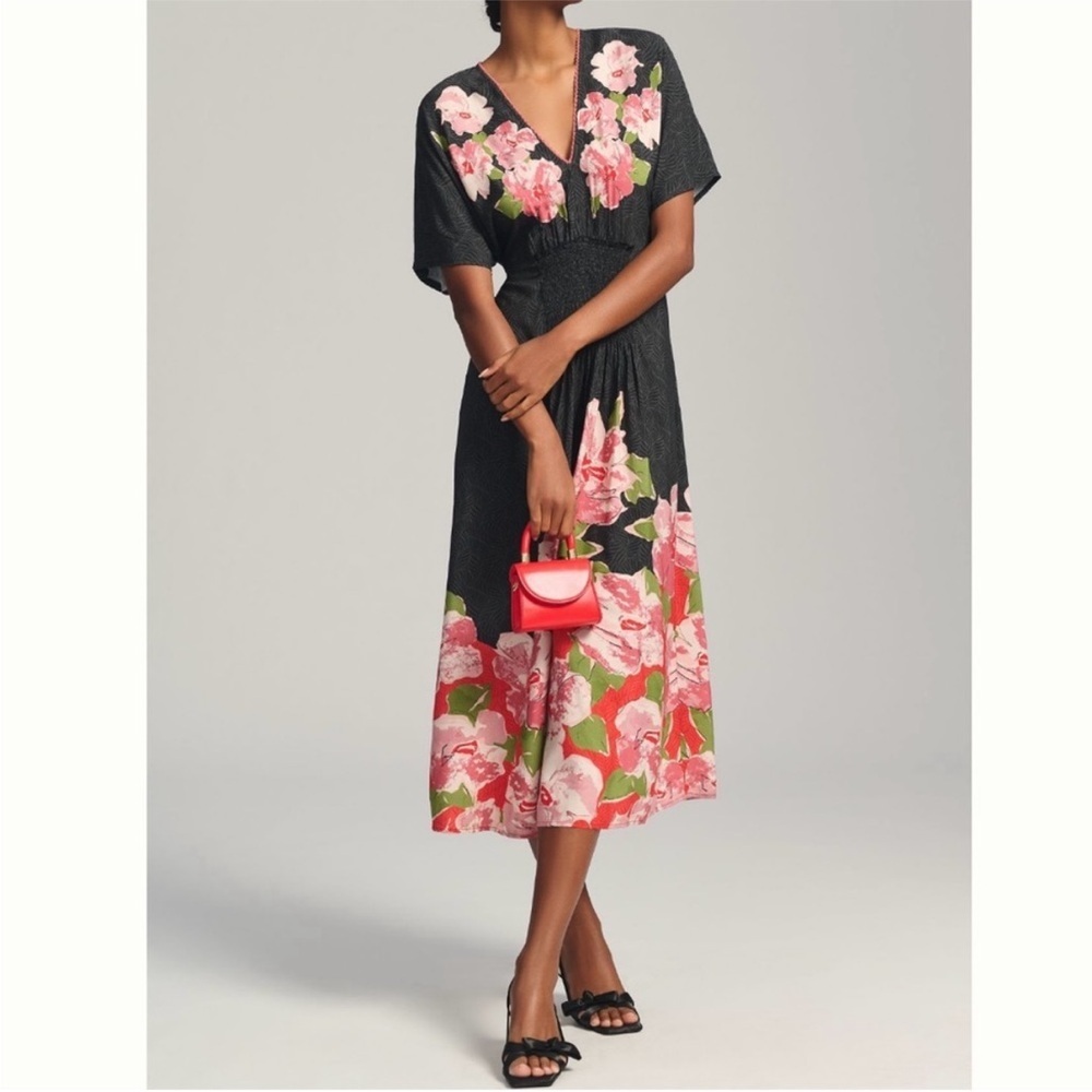NWT Anthropologie Bl-nk London Tatiana Kaftan Black Floral V-Neck Midi Dress OS